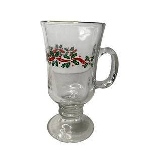 Vtg Christmas Holly LRS3 Pedestal Libbey Glass Irish Coffee 10 oz Mug-Gold Rim
